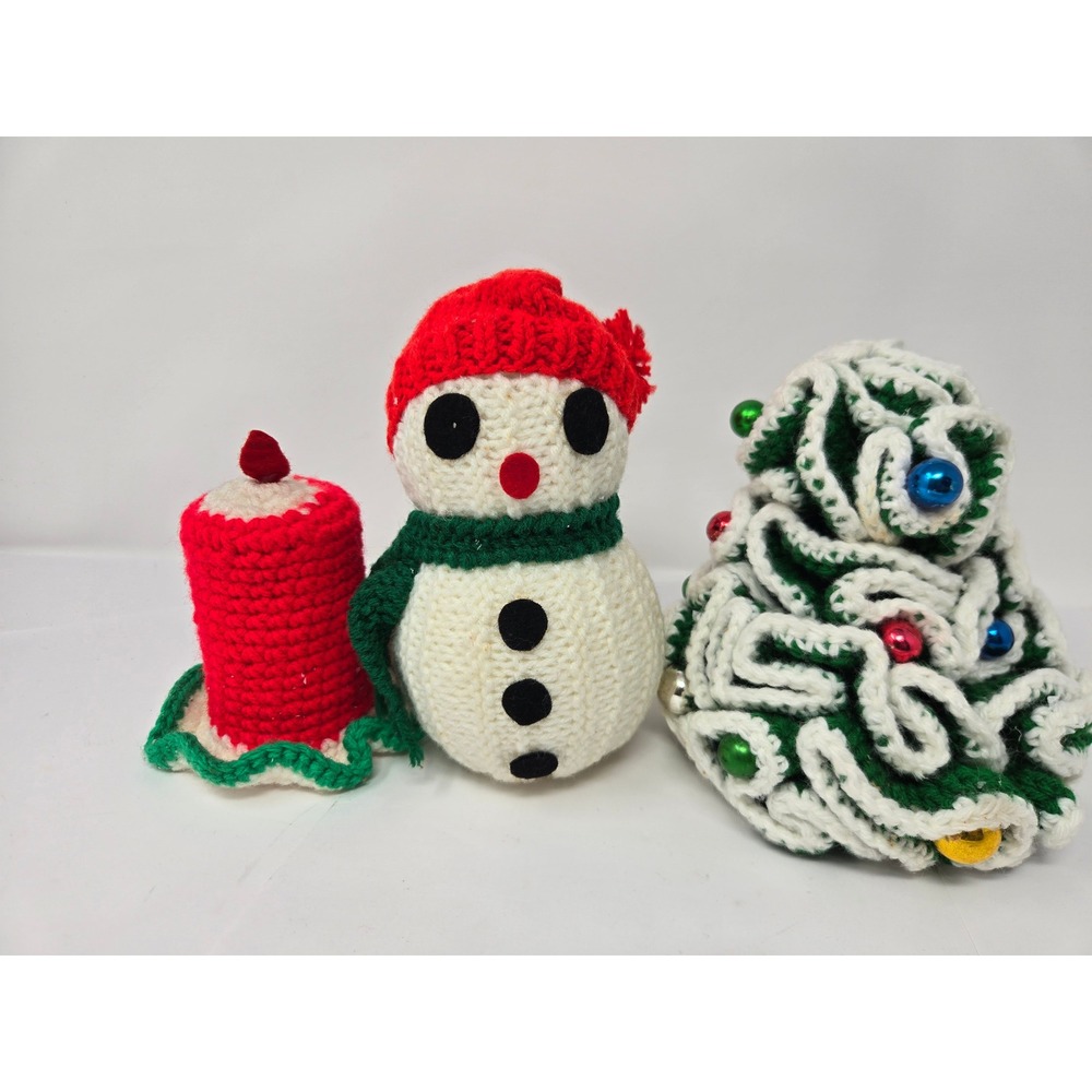 Vintage Handmade Crochet Christmas Decor Set Snowman Tree Candle Red Green White